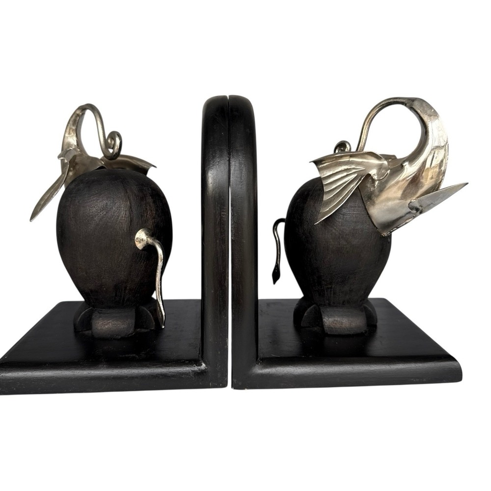 Black Bauhaus Beast Bookends‎ Art Deco Black Wood and Chrome Elephants
